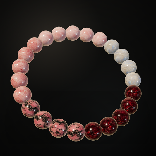 Love Spell Five-Stone Pink natural stone bracelet on a dark background