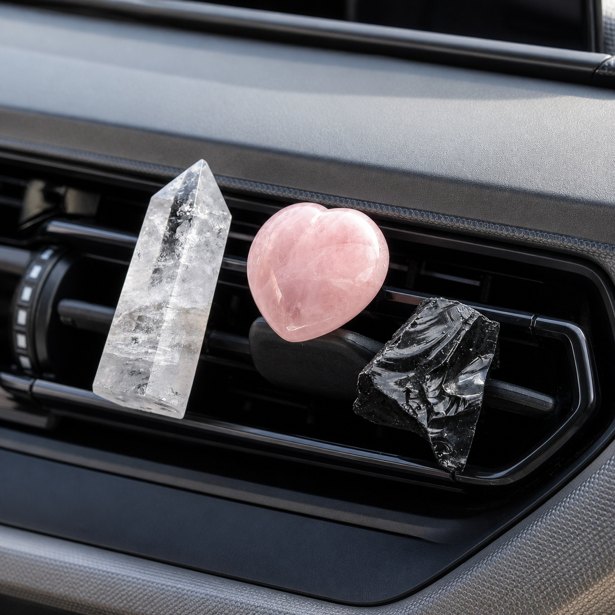 Clear quartz, rose quartz and black obsidian car vent clips in a three-piece set