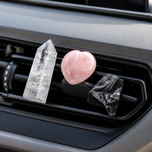 Clear quartz, rose quartz and black obsidian car vent clips in a three-piece set